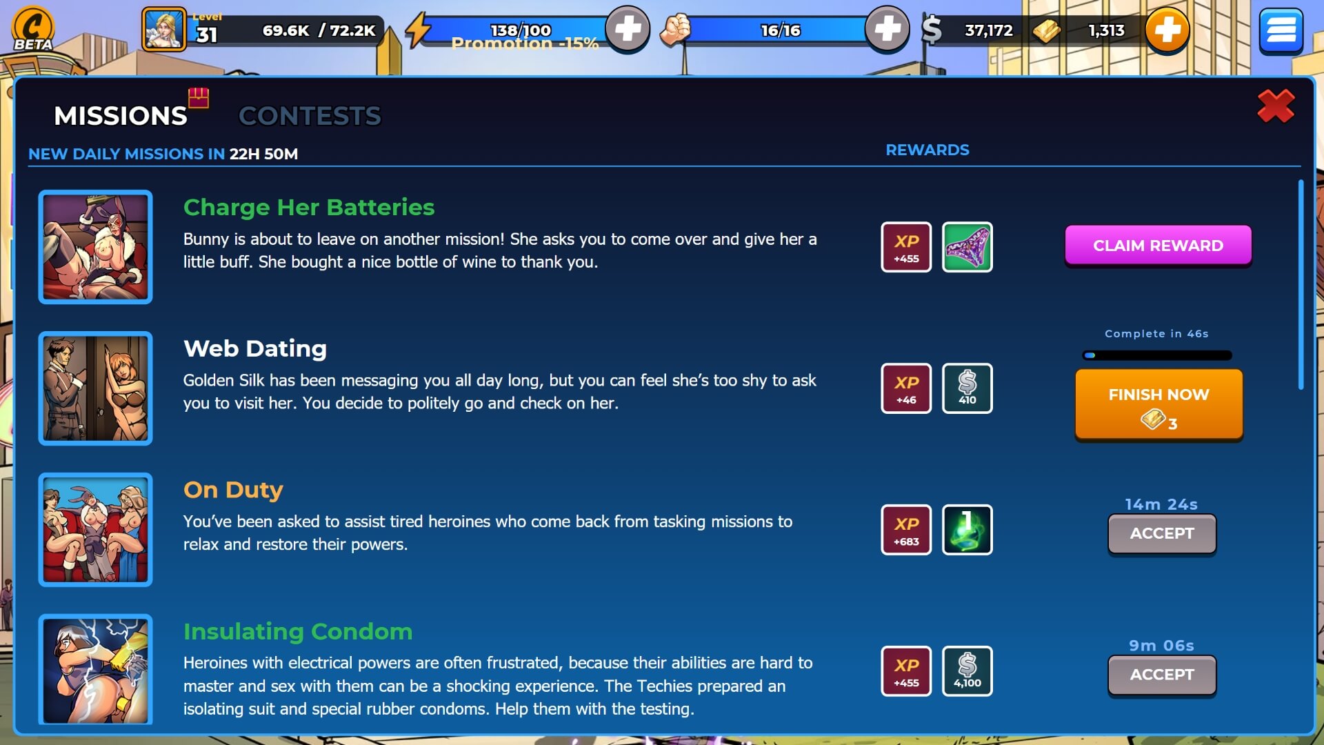 Comix Harem screenshot showing a lineup of comic-style heroines