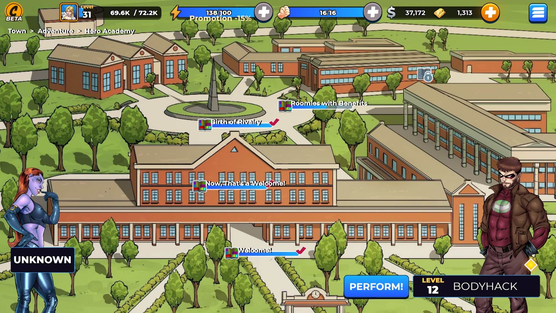 Comix Harem screenshot showing a harem performance in progress